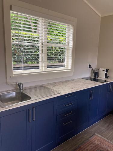 niebieska kuchnia ze zlewem i oknem w obiekcie Rabbit Wardens Cottage w mieście Queensberry