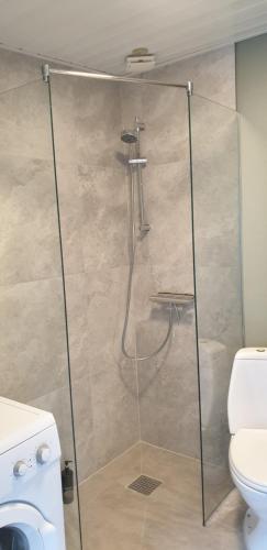 a shower stall in a bathroom with a toilet at bb kanstrup in Frederikshavn