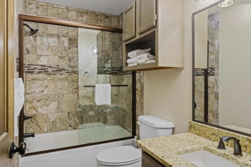 a bathroom with a shower and a toilet and a sink at Table Rock Resorts at Indian Point in Branson