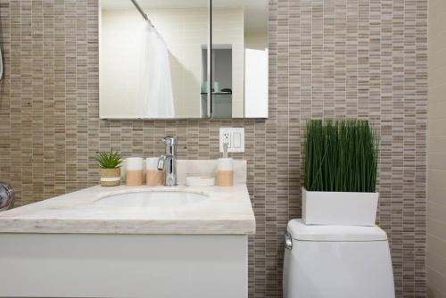 ein Badezimmer mit einem Waschbecken, einem WC und einem Spiegel in der Unterkunft 809-2A Gorgeous 1BR New W D Modern Best Location in New York