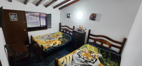 two beds with tigers on them in a room at HOSPEDAJE DE GUATAVITA in Guatavita
