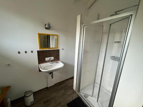 a bathroom with a sink and a shower at Zauberhaftes Waldhaus in Blaubeuren