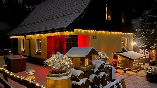 una casa cubierta de luces de Navidad en la nieve en Ferienwohnung-direkt-am-skihang, en Kurort Oberwiesenthal