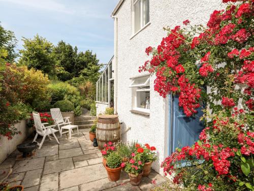 a garden with flowers and a house with a blue door at Bryn Tegid in Beaumaris