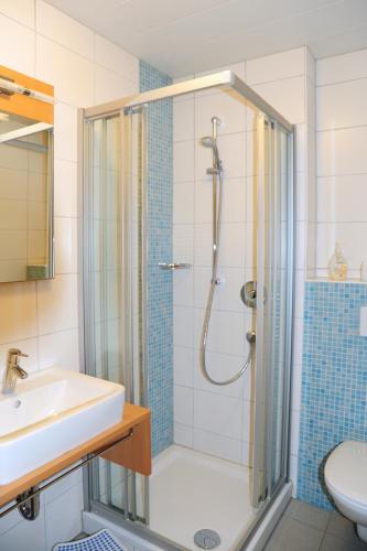 a bathroom with a shower and a sink at Löwenhof in Krumbach
