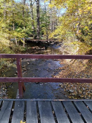 a wooden bridge over a stream with a river istg at Fontana erdélyi vendégház in Odorheiu Secuiesc