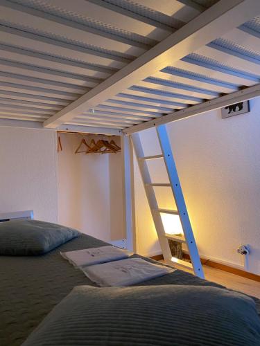1 cama elevada con escalera en un dormitorio en Mélèze B *** plein Sud, en Chamrousse