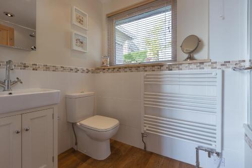 a bathroom with a toilet and a sink and a window at Tremorna Vista in Carbis Bay