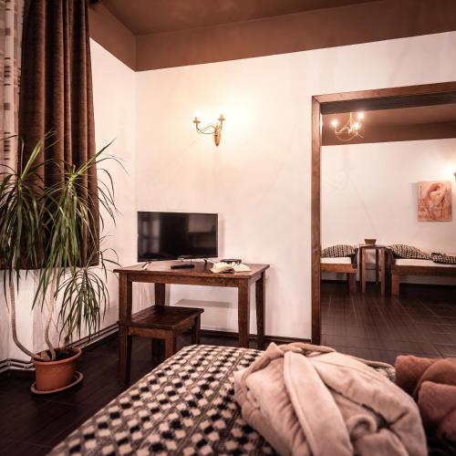 a living room with a table and a mirror at Penzion Komtesa in Ústí nad Labem