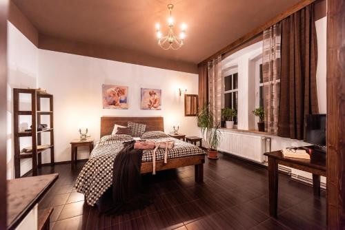a bedroom with a bed with a person laying on it at Penzion Komtesa in Ústí nad Labem