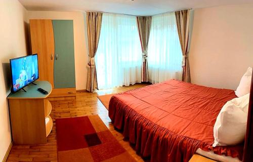 a bedroom with a red bed and a television at Pensiunea Denisa Stoian in Moieciu de Jos