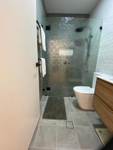 a bathroom with a toilet and a glass shower at Secret at Sussex Inlet Units in Sussex inlet