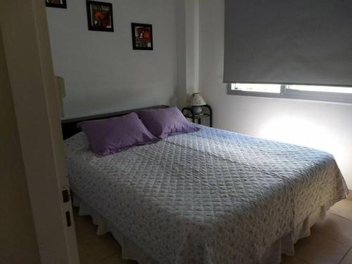 Un dormitorio con una cama con almohadas moradas y una ventana en La Casa de Matilde en Salta