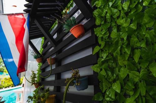 a wall with plants and a flag on it at HOTEL, VILLAS y GLAMPINGS MYA -PUERTO VIEJO, Limon, CR in Puerto Viejo