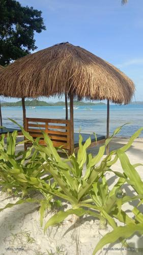 a bench and a straw umbrella on a beach at Prince John Beachfront Eco Bungalows and Restaurant in San Vicente