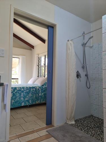 a bathroom with a shower and a bed at Mango Cottage in Rarotonga