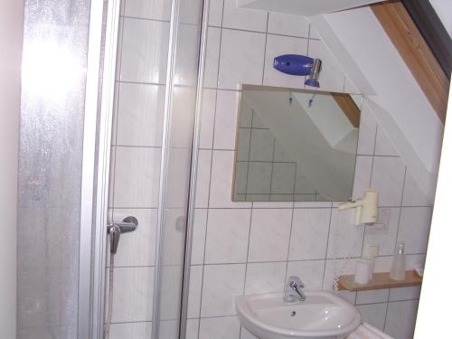 a bathroom with a sink and a mirror and a shower at Hotel Garni Löhr in Landau an der Isar