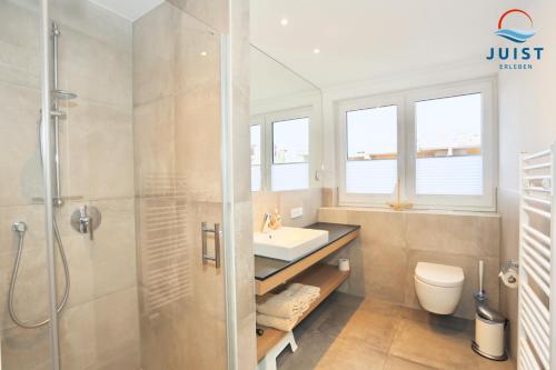 a bathroom with a shower and a sink and a toilet at Haus Achterhus 214 - Wohnung 14 "blauer Anker" in Juist