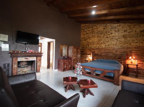 uma sala de estar com uma cama e uma lareira em Lucero em Mazamitla