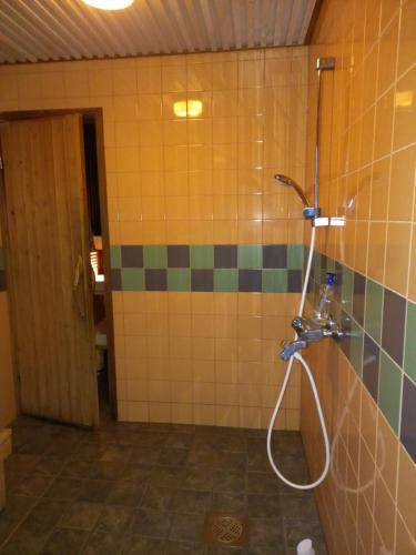 a bathroom with a shower in a tiled wall at Talo mäellä in Juuka