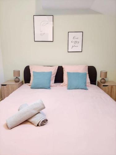 a white bed with blue and pink pillows on it at Appartement du Château in Lunéville