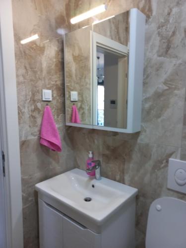 Un baño con un lavabo blanco y un espejo. en Sea View Dobra Voda, en Dobra Voda