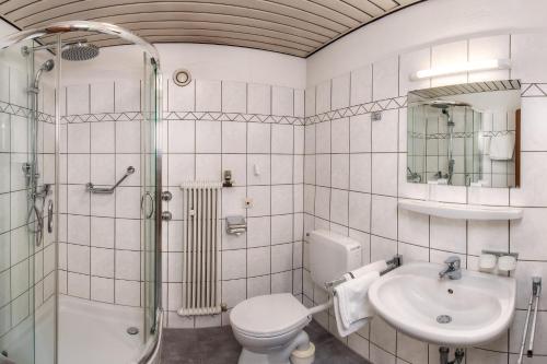 a bathroom with a toilet and a sink and a shower at Alpenhotel Gastager in Inzell