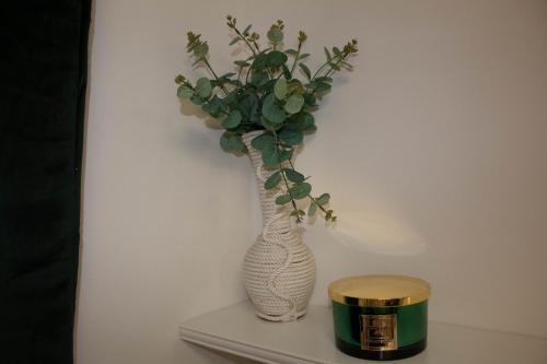 a white vase with a plant in it on a shelf at CHRIS Apartment in Dalovice