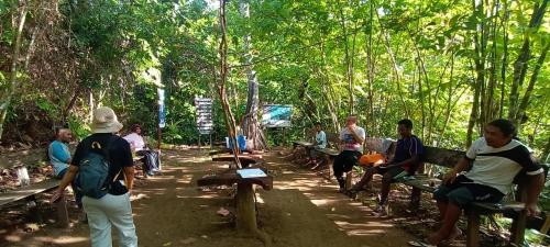 a group of people sitting on benches in a forest at Raja Ampat Sandy Guest House in Saonek