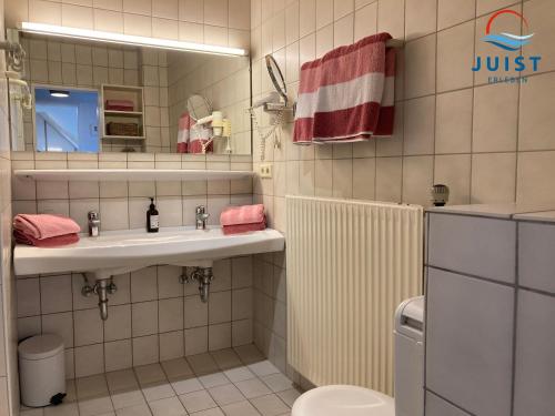 a bathroom with a sink and a toilet and a mirror at Haus Atelier Appartement 101 - Wohnung 4 in Juist
