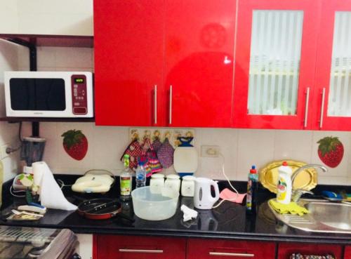 a kitchen with red cabinets and a black counter top at Small apartment with Garden in Cairo