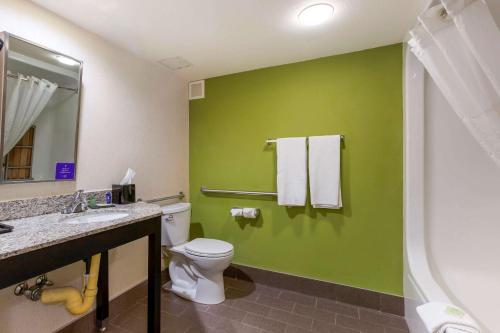 a bathroom with a toilet and a green wall at Sleep Inn in Ontario
