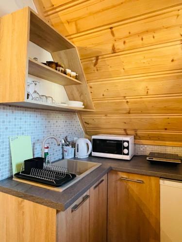 a kitchen with a microwave and a laptop on a counter at U Maćka in Poronin