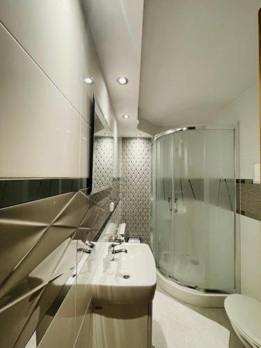 a bathroom with a sink and a shower and a toilet at U Maćka in Poronin
