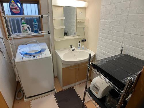 a small bathroom with a sink and a mirror at 3 Bedrooms, 2 Toilets, 3 Car parking in Big Entire house Close to Makuhari Messe, Disneyland, airport and Tokyo for 12 guests in Kuguta