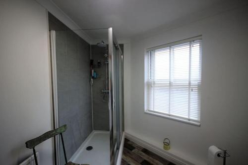 baño con ducha y ventana en Flat 1 Alfred Mews, en Deal