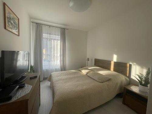 een slaapkamer met een bed en een flatscreen-tv bij Apartamenty Wisła Centrum in Wisła