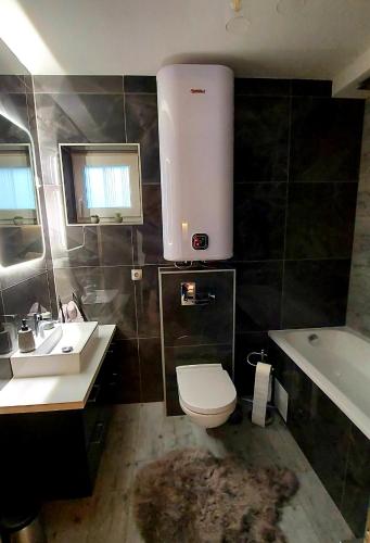 a bathroom with a toilet and a sink and a tub at Kikötő Sétány Apartman III. in Balatonszemes
