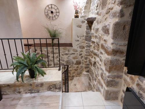 une chambre avec un mur en pierre et une plante dans l'établissement Chez Marinou, à Chirols