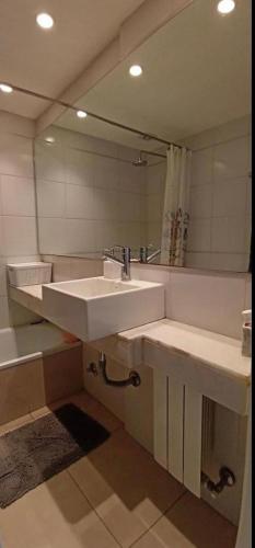 baño con 2 lavabos y espejo grande en Departamento Plaza Mitre en Mar del Plata