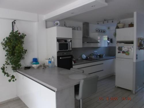 une cuisine avec des armoires blanches et un réfrigérateur blanc dans l'établissement LES TROENES, à Ouistreham