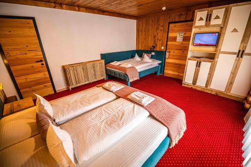 a room with two beds and a tv in it at KITZALPEN Pension in Hollersbach im Pinzgau