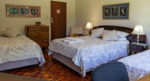 a hotel room with two beds and a dresser at Voelroepersfontein in Albertinia