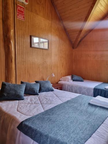 two beds in a room with wooden walls at Elfen hospedaje familiar in Oxapampa