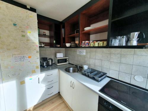 a kitchen with a sink and a counter top at Hostel Mamas & Papas in Gdańsk