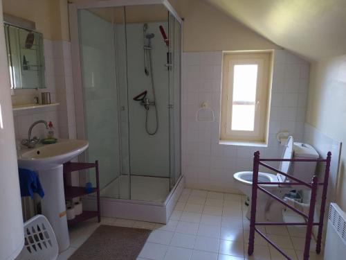 ein Badezimmer mit Dusche und Waschbecken in der Unterkunft Campagne et confort avec piscine chauffée in Carsac-Aillac