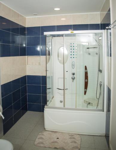 a shower with a glass door in a bathroom at Flora Hotel Ivato International Airport in Antananarivo