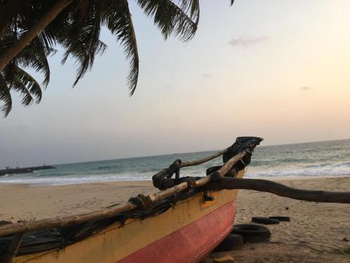 a boat on a beach with a palm tree at BAWANS VILLA Holiday Home for Family or Group in Hikkaduwa