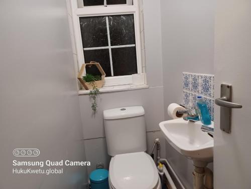 a bathroom with a toilet and a sink and a window at Poynters House - Huku Kwetu Luton & Dunstable - Spacious 2 Bedroom House-Private garden and parking in Luton