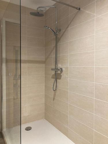 y baño con ducha y puerta de cristal. en Le Grand Fabre, en La Roche-sur-Yon